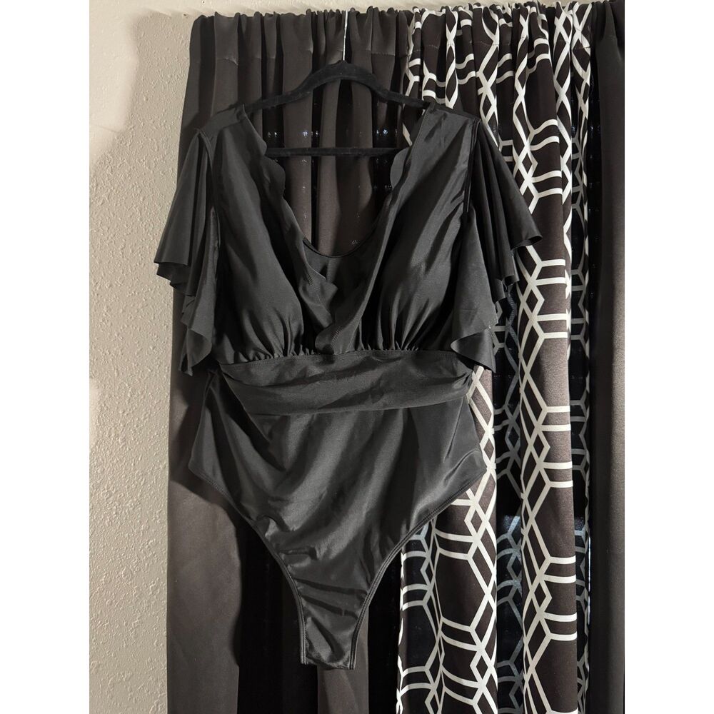 SHEIN Curve 4xl Black Ruffle Sleeve One Piece Swimsuit V Neck Bathing Suit